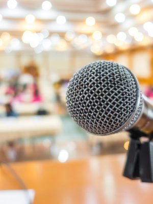 Black microphone in conference room